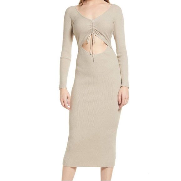 All in Favor Dresses & Skirts - NWOT All in Favor Gathered Front Cut out Long Sleeve Ribbed Midi Dress
